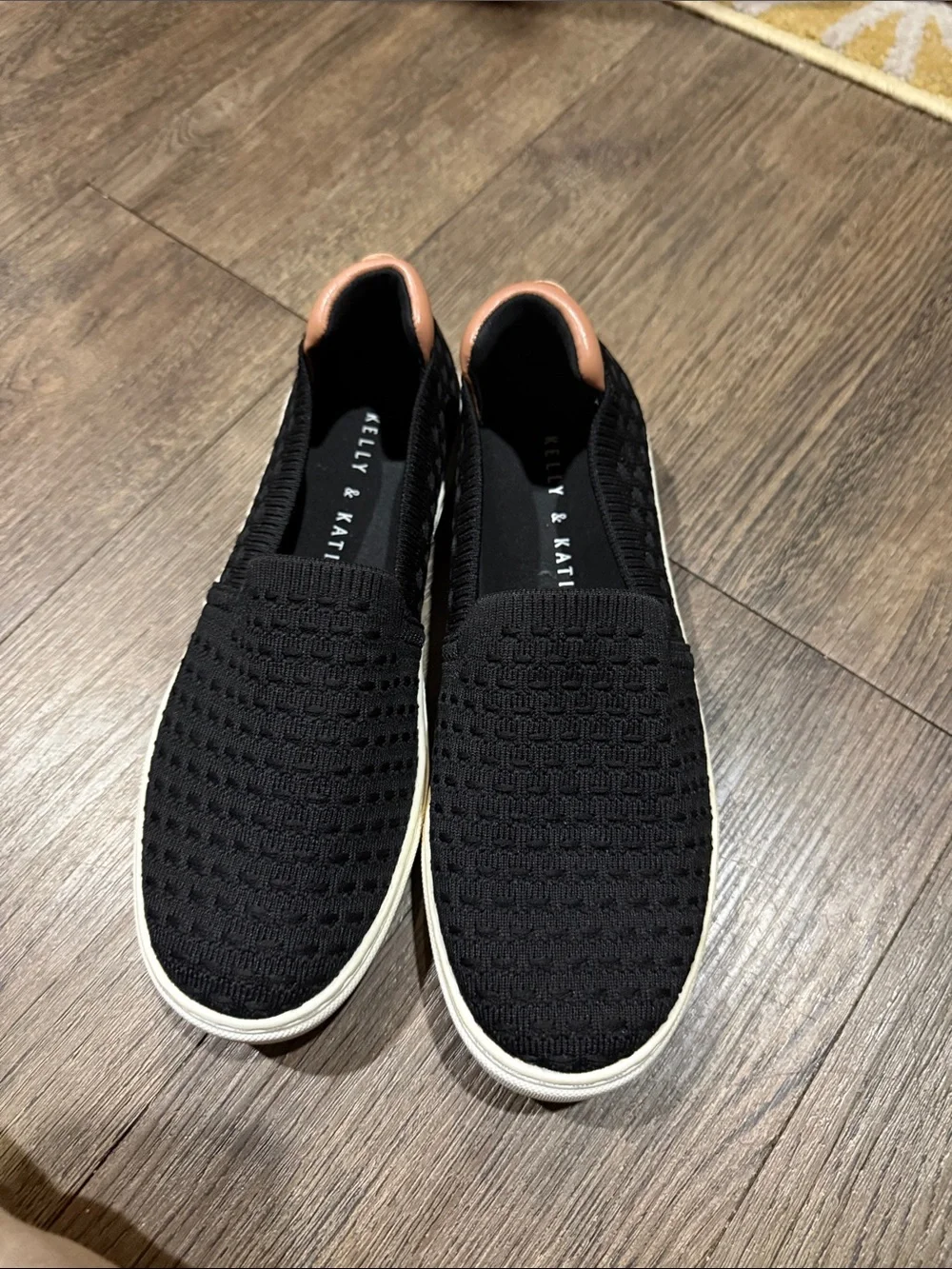 Kelly & Katie Black Knit Slip-On Sneakers with Tan Heel Tab